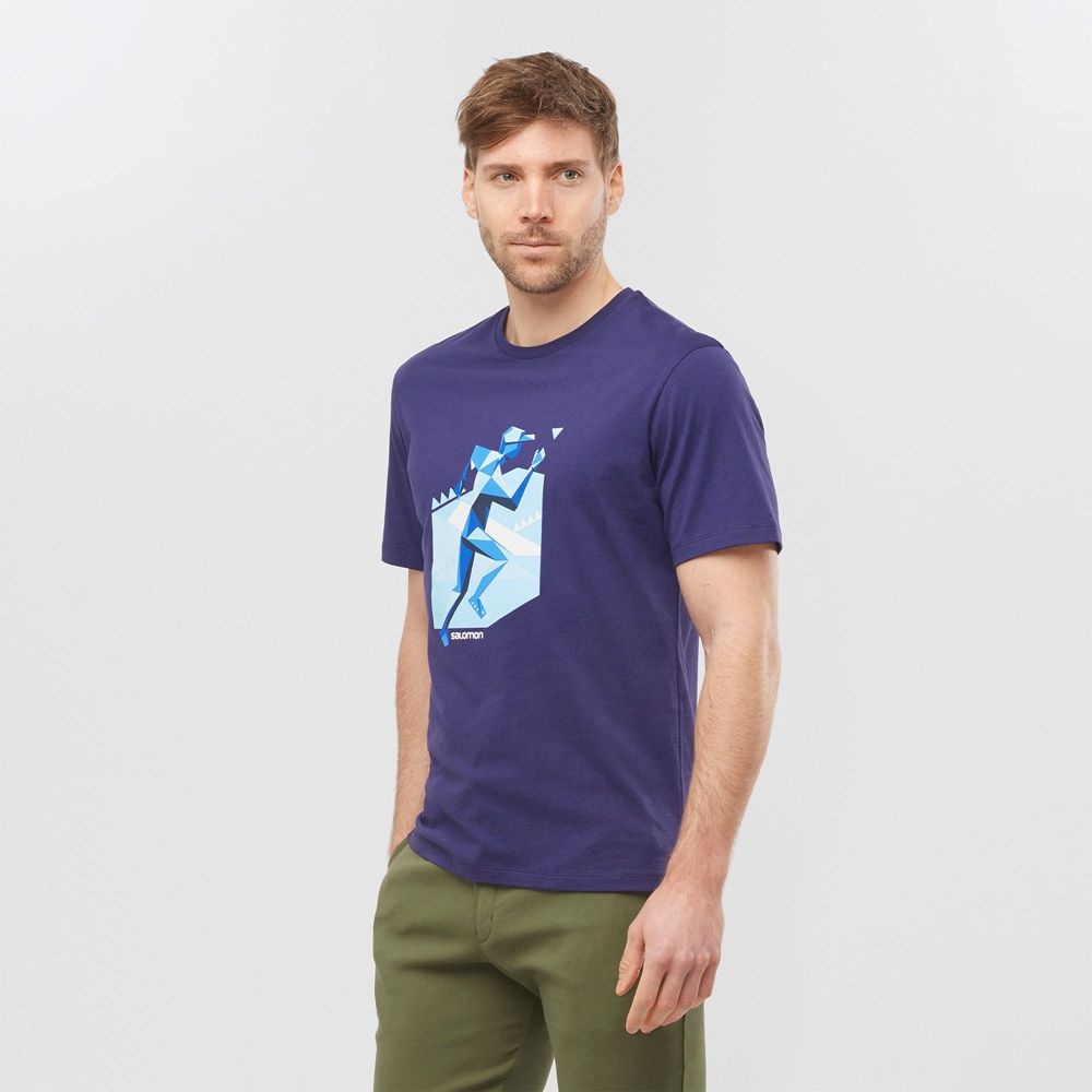 T-Shirts Salomon Homme Bleu Marine - Salomon OUTLIFE GRAPHIC GEO RUNNER SS M - France (7163-PFWUN)